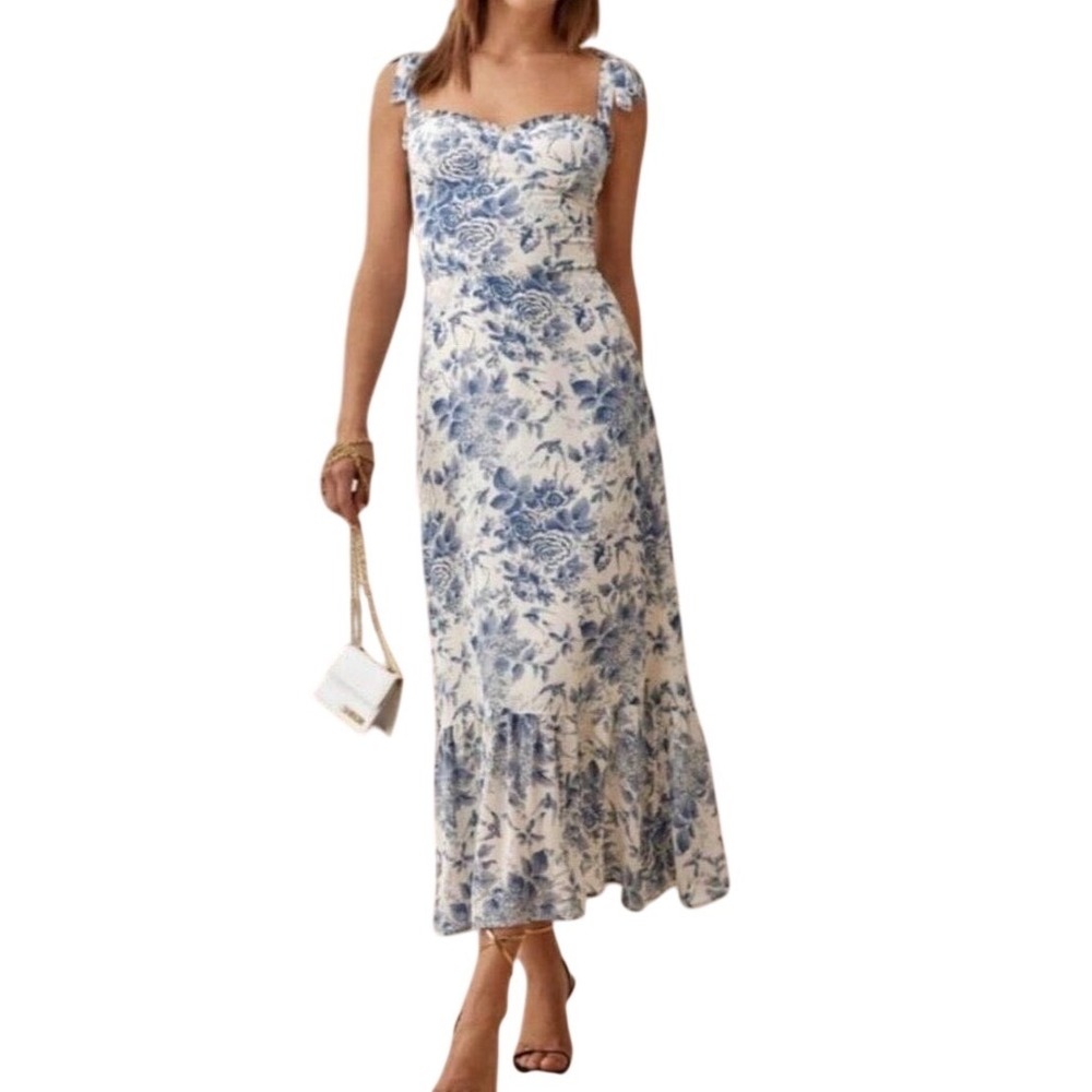 Reformation Nikitas Midi Dress Blue White Floral Tie Shoulder Ruffle Hem Size 4